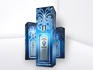 Niebieski, świecący kartonik na butelkę ginu