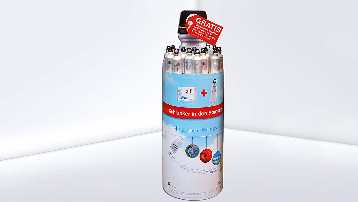 Okrągły display w kształcie bidonu ze stali szlachetnej