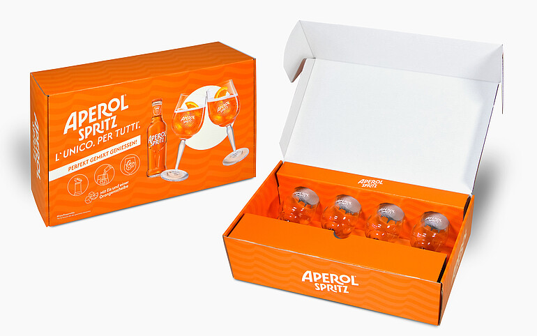 Wnętrze opakowania (Aperol Spritz): Idealnie dopasowane wkłady kartonowe stabilizują szklanki i skutecznie chronią je przed stłuczeniem w transporcie. (c) Karl Knauer KG