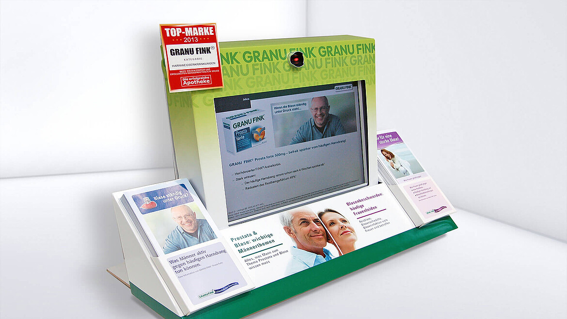 Zadrukowany stojak z wbudowanym ekranem i kamerą oraz dyspenserem ulotek