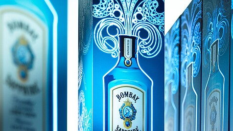 Opakowanie świecące na gin Bombay w kolorze niebieskim