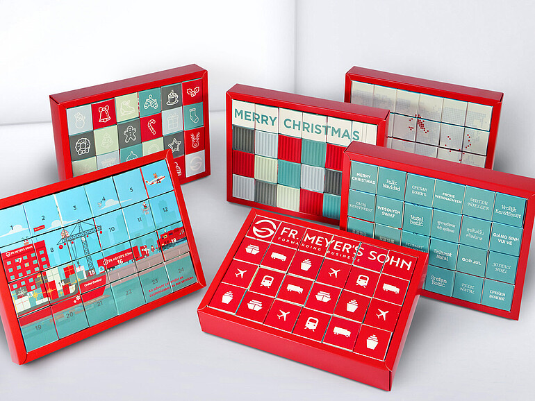 Die sechs Motive des Puzzle-Adventskalenders für das Logistikunternehmen Fr. Meyer’s Sohn